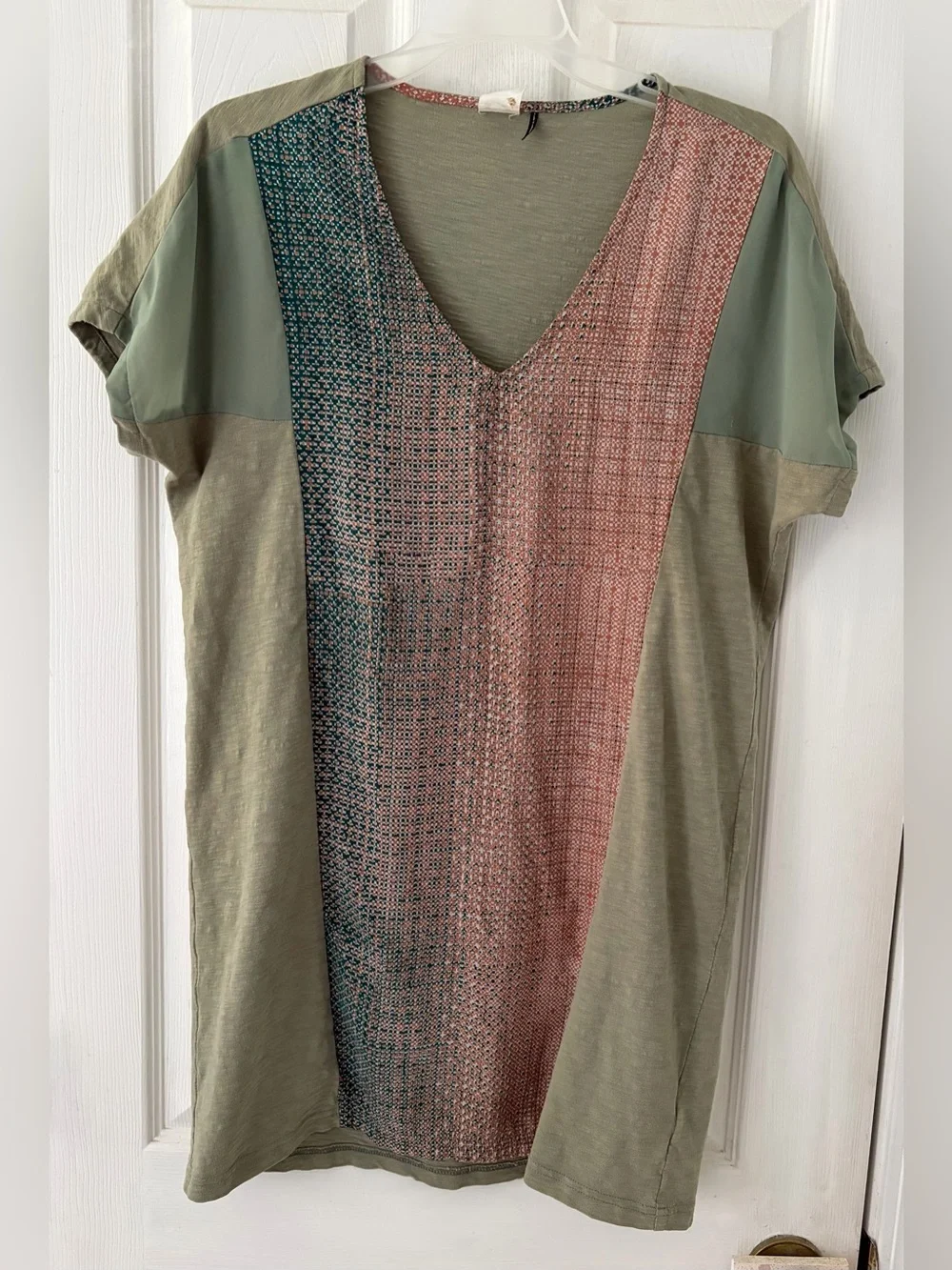 Anthropologie Olive Tunic with Teal & Dusty Rose Front Panels